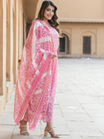 Thumbnail for Kalini Floral Printed V-Neck Thread Work Pure Cotton Kurta with Trousers & Dupatta - Distacart