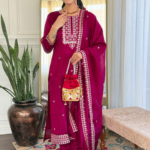Vellora Vichitra Silk Hot Pink Casual Wear Embroidery Readymade Salwar Suit - Distacart