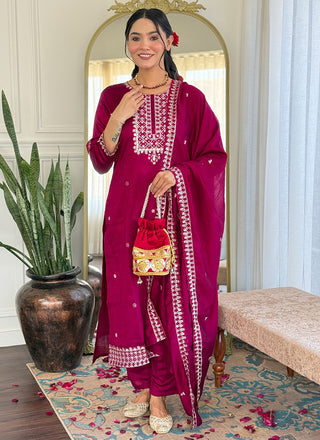 Vellora Vichitra Silk Hot Pink Casual Wear Embroidery Readymade Salwar Suit