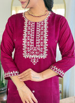 Thumbnail for Vellora Vichitra Silk Hot Pink Casual Wear Embroidery Readymade Salwar Suit