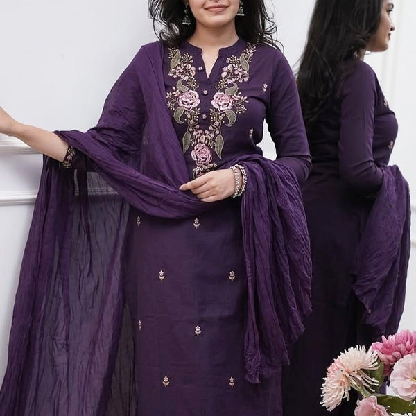 Vellora Rayon Slub Silk Violet Casual Wear Embroidery Readymade Salwar Suit - Distacart