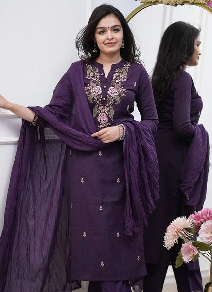 Vellora Rayon Slub Silk Violet Casual Wear Embroidery Readymade Salwar Suit
