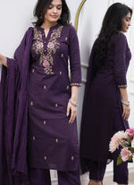 Thumbnail for Vellora Rayon Slub Silk Violet Casual Wear Embroidery Readymade Salwar Suit