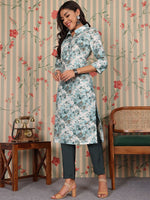 Thumbnail for Ode by House of Pataudi Floral Printed Straight Chanderi Silk Kurta with Trousers - Distacart
