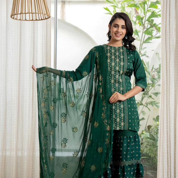 Juniper Women's Green Viscose Rayon Self Design Sharara Set - Distacart