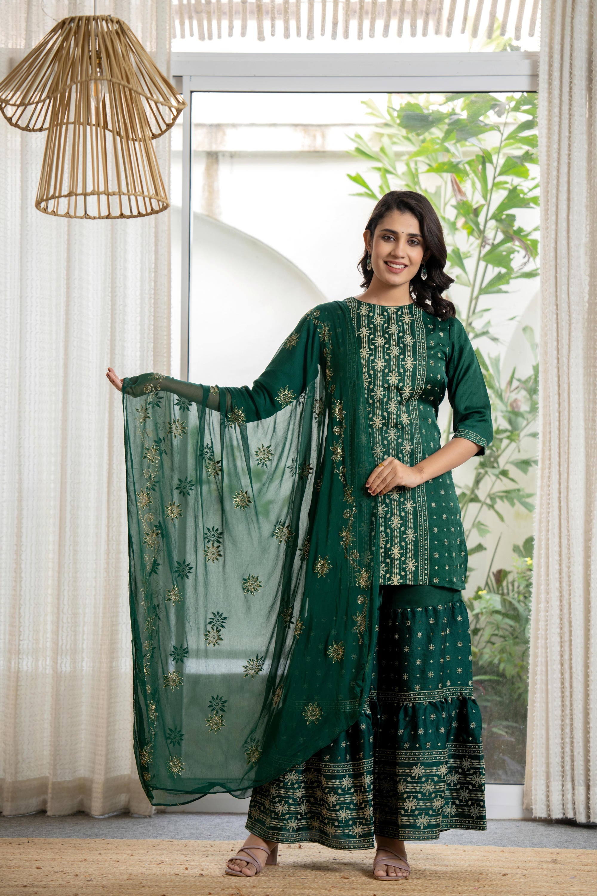 Juniper Women's Green Viscose Rayon Self Design Sharara Set - Distacart
