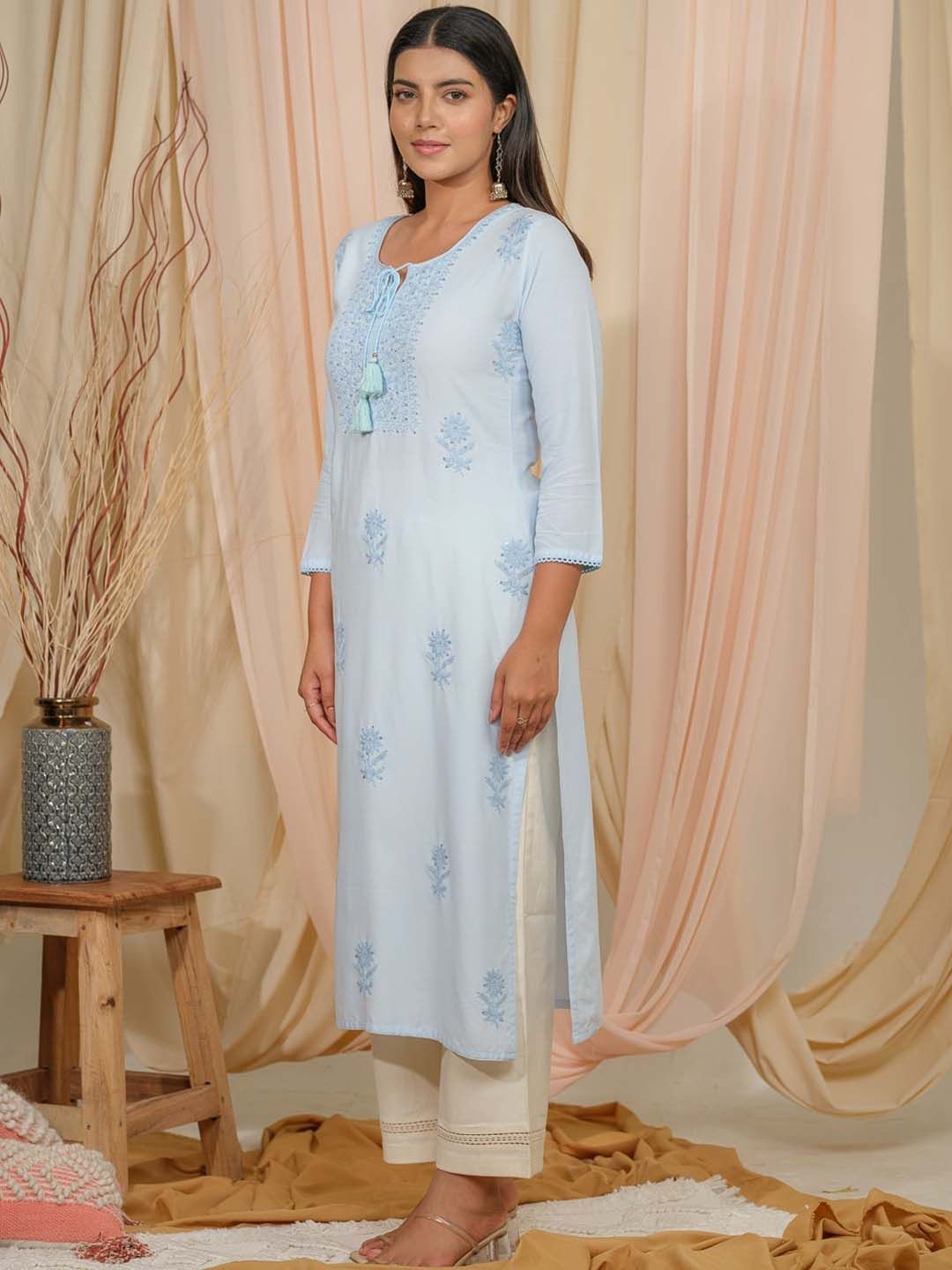 Ode by House of Pataudi Floral Embroidered Tie-Up Neck Straight Kurta - Distacart
