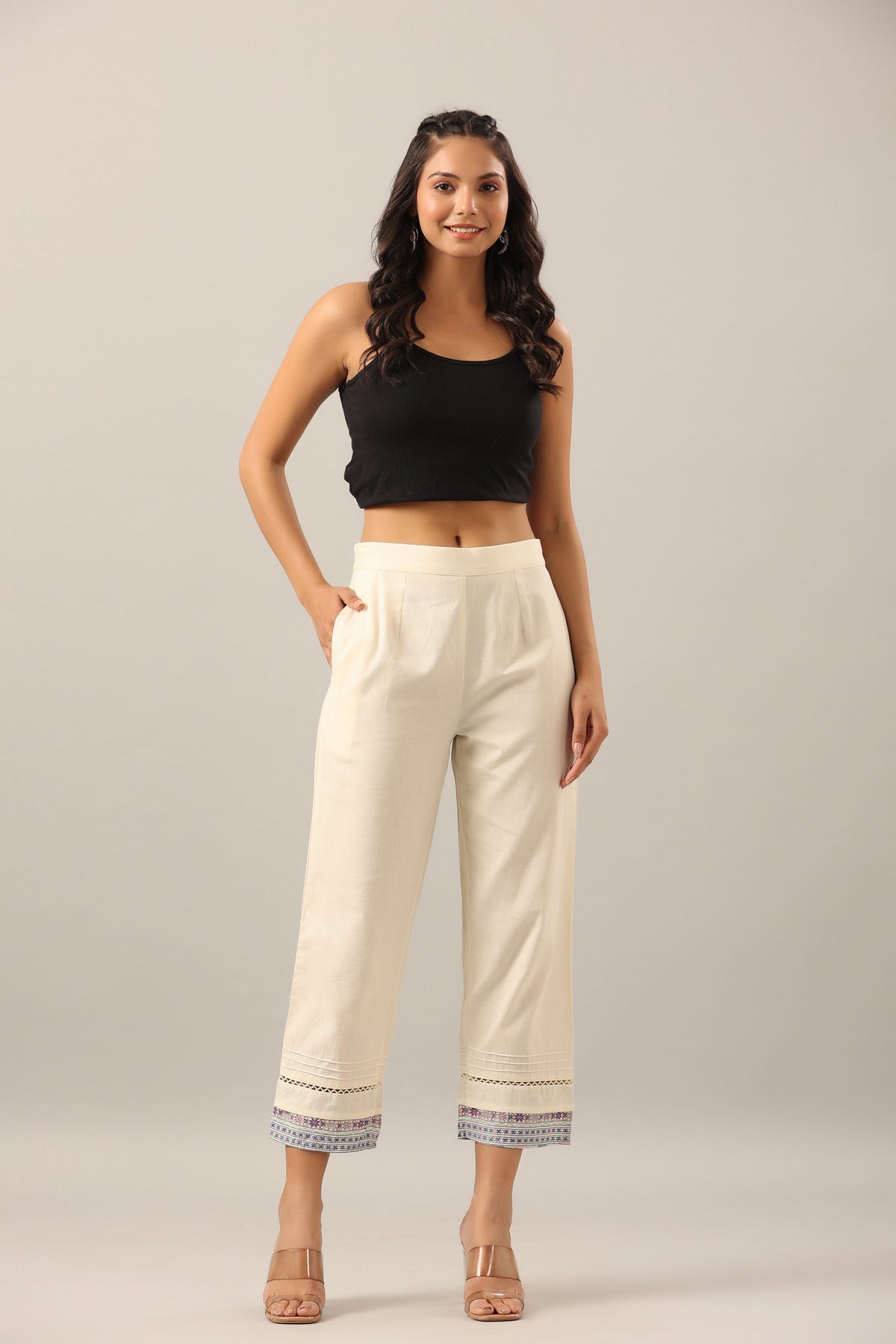Juniper Women's Off-White Solid Cotton Flex Pants With Printed Hem, Pintucks & Lace Work - Distacart