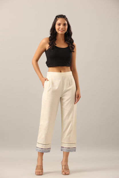 Juniper Women's Off-White Solid Cotton Flex Pants With Printed Hem, Pintucks & Lace Work - Distacart