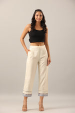 Thumbnail for Juniper Women's Off-White Solid Cotton Flex Pants With Printed Hem, Pintucks & Lace Work - Distacart