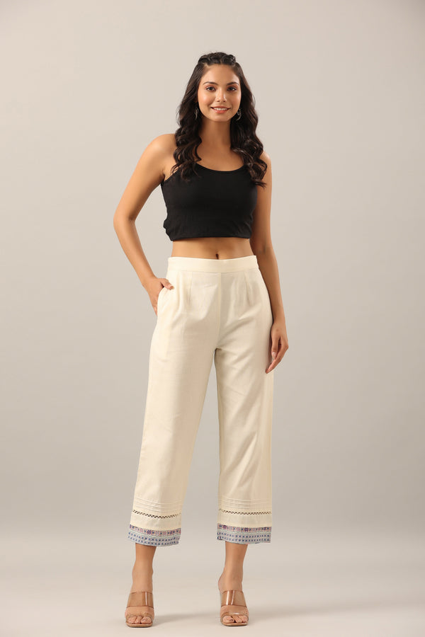 Juniper Women's Off-White Solid Cotton Flex Pants With Printed Hem, Pintucks & Lace Work - Distacart