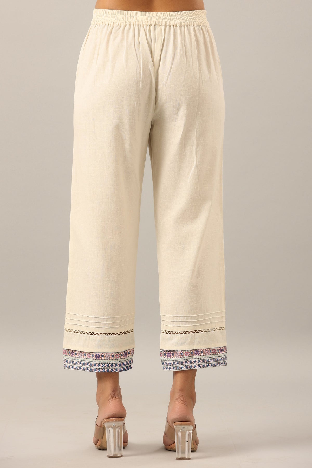 Juniper Women's Off-White Solid Cotton Flex Pants With Printed Hem, Pintucks & Lace Work - Distacart