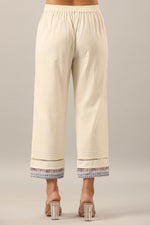 Thumbnail for Juniper Women's Off-White Solid Cotton Flex Pants With Printed Hem, Pintucks & Lace Work - Distacart