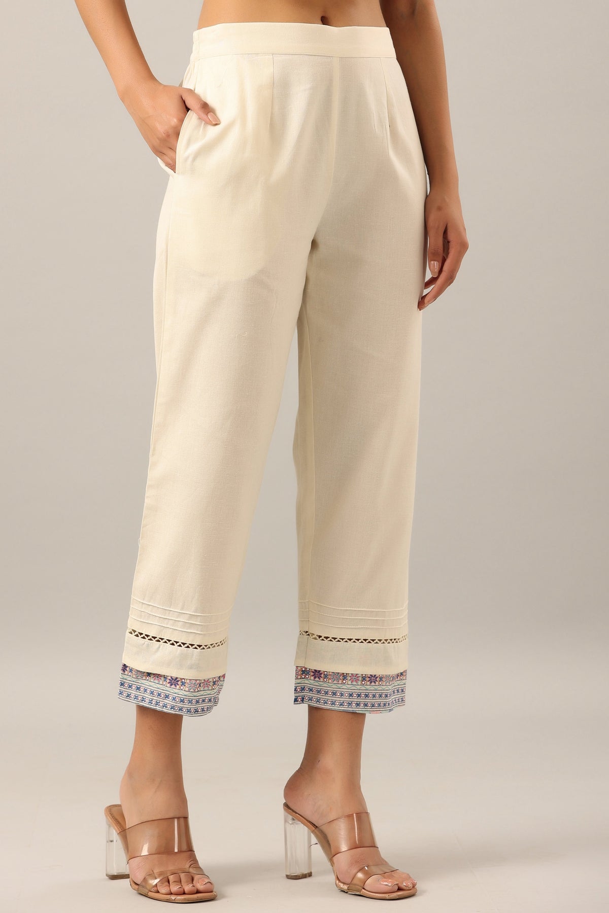Juniper Women's Off-White Solid Cotton Flex Pants With Printed Hem, Pintucks & Lace Work - Distacart