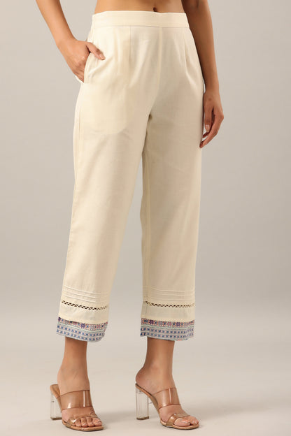 Juniper Women's Off-White Solid Cotton Flex Pants With Printed Hem, Pintucks & Lace Work - Distacart
