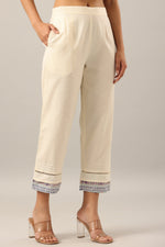 Thumbnail for Juniper Women's Off-White Solid Cotton Flex Pants With Printed Hem, Pintucks & Lace Work - Distacart
