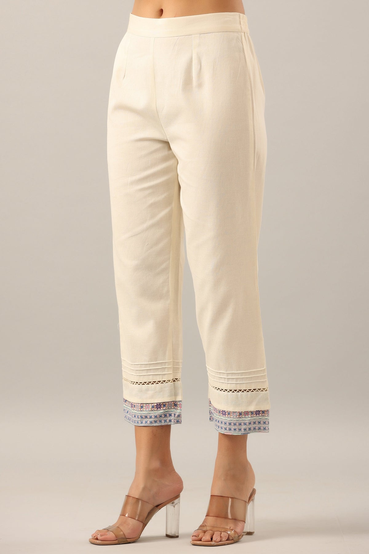 Juniper Women's Off-White Solid Cotton Flex Pants With Printed Hem, Pintucks & Lace Work - Distacart