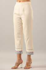 Thumbnail for Juniper Women's Off-White Solid Cotton Flex Pants With Printed Hem, Pintucks & Lace Work - Distacart