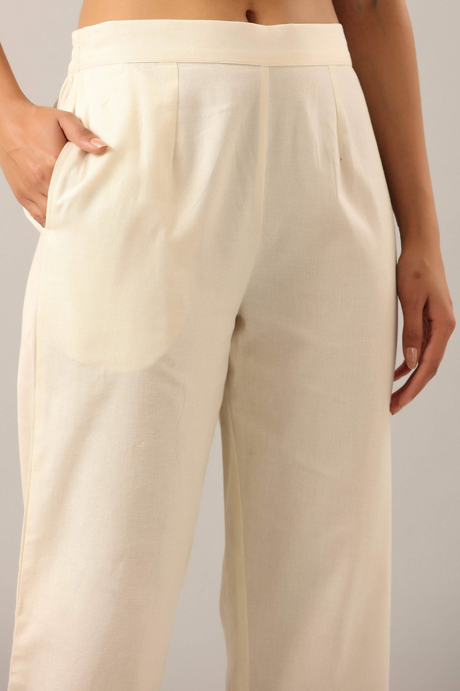 Juniper Women's Off-White Solid Cotton Flex Pants With Printed Hem, Pintucks & Lace Work - Distacart