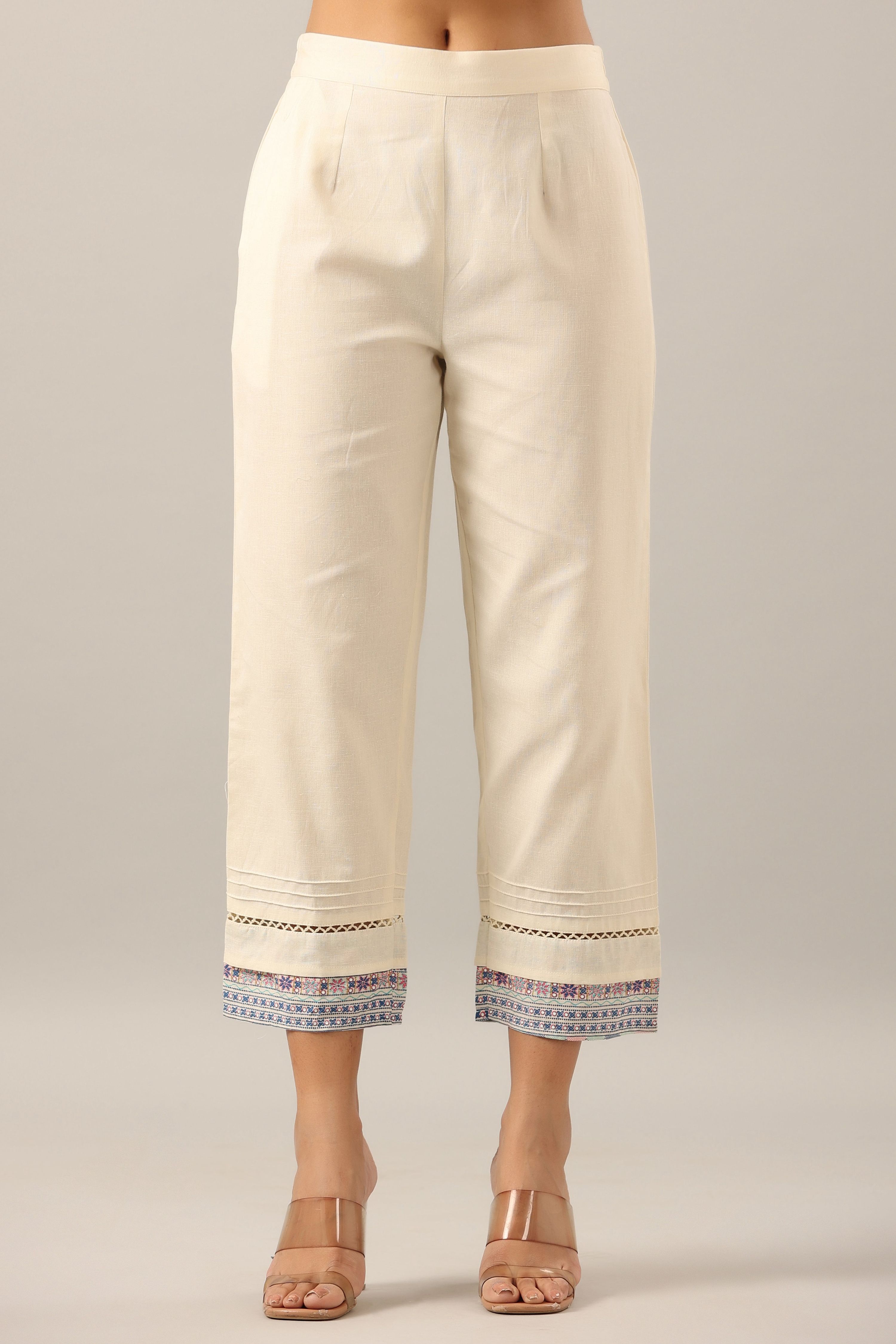 Juniper Women's Off-White Solid Cotton Flex Pants With Printed Hem, Pintucks & Lace Work - Distacart
