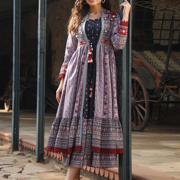 Juniper Women's Juniper Women's Lavender Cambric Printed With Embroidery Flared Dress - Distacart