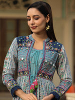 Thumbnail for Juniper Women's Juniper Women's Sky Blue Cambric Printed With Embroidery Flared Dress - Distacart