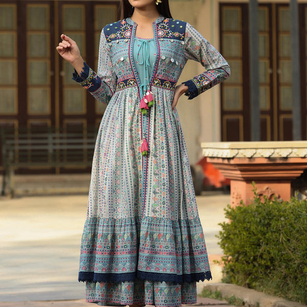 Juniper Women's Juniper Women's Sky Blue Cambric Printed With Embroidery Flared Dress - Distacart