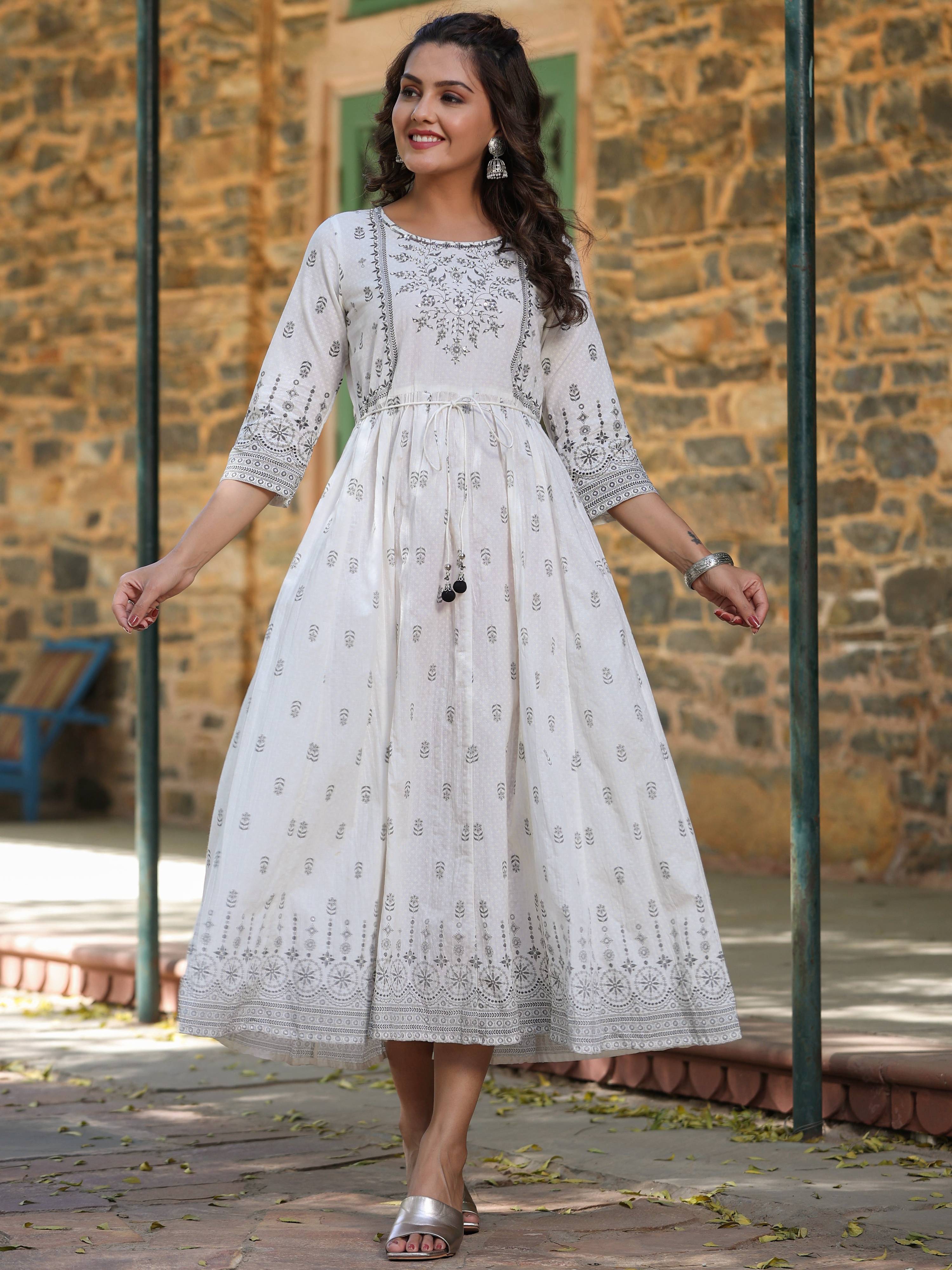 Juniper White Pure Cotton Printed Kurta, Sharara & Dupatta Set With Beads & Sequins - Distacart