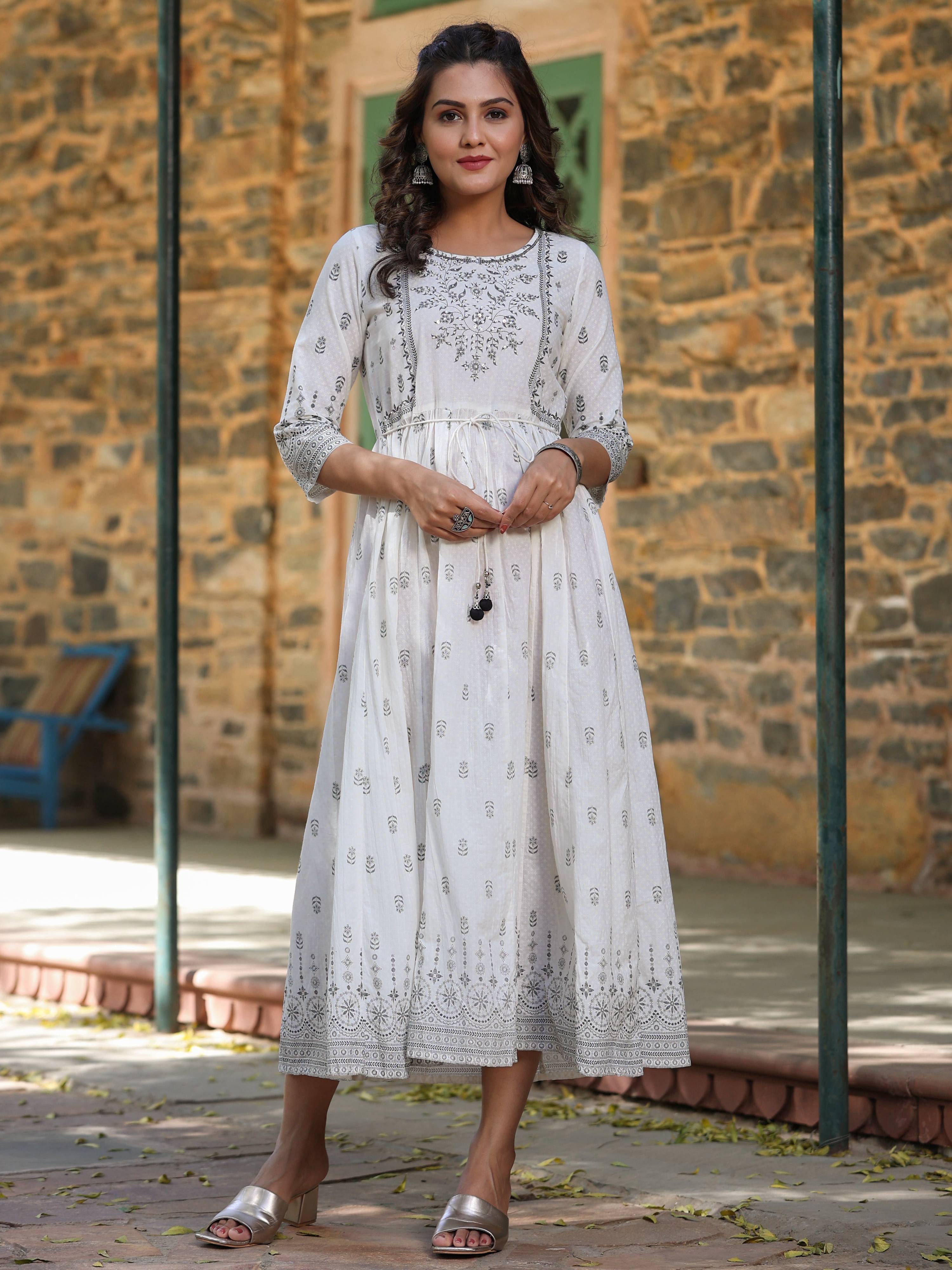 Juniper White Pure Cotton Printed Kurta, Sharara & Dupatta Set With Beads & Sequins - Distacart