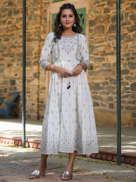 Juniper White Pure Cotton Printed Kurta, Sharara & Dupatta Set With Beads & Sequins - Distacart