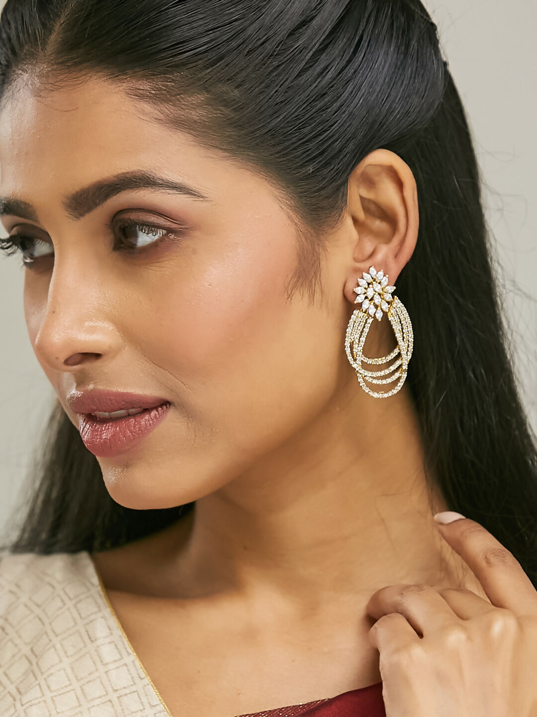 Nuyug 22K Gold-Plated Floral Motif Zircon Stone Studded Teardrop Shaped Elegant Drop Dangler Earrings