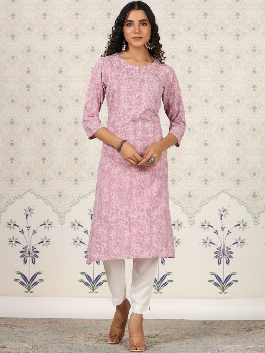 Ode by House of Pataudi Printed Round Neck Straight Kurta - Distacart