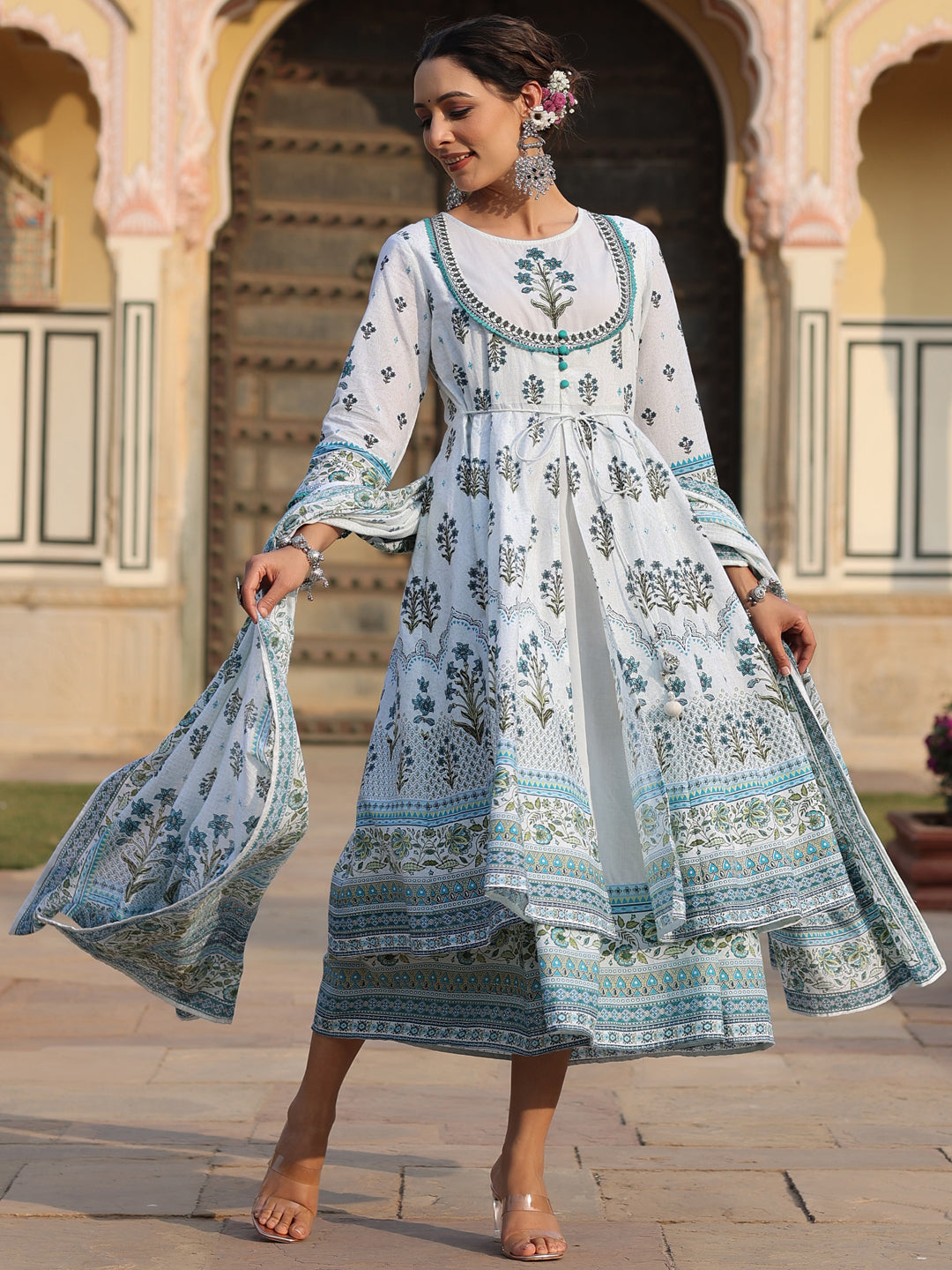 Juniper Sky Blue Ethnic Motif Printed Pure Cotton Layered Dress & Kota Dupatta Set With Thread Work - Distacart