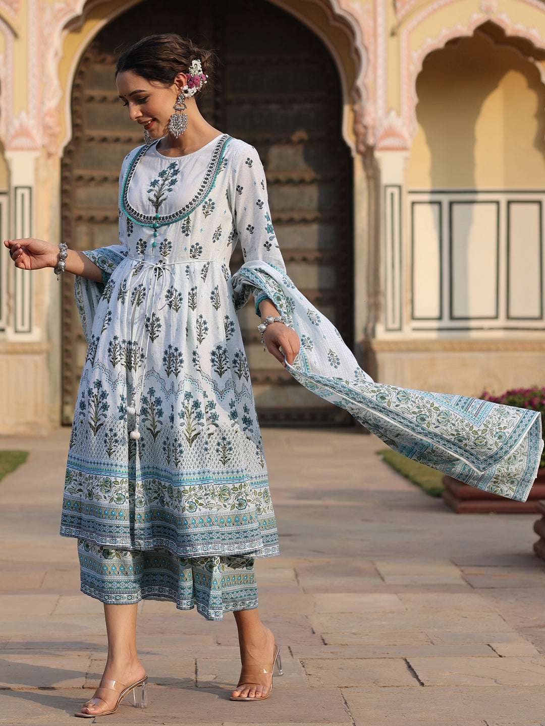Juniper Sky Blue Ethnic Motif Printed Pure Cotton Layered Dress & Kota Dupatta Set With Thread Work - Distacart