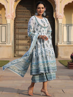 Thumbnail for Juniper Sky Blue Ethnic Motif Printed Pure Cotton Layered Dress & Kota Dupatta Set With Thread Work - Distacart