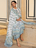 Thumbnail for Juniper Sky Blue Ethnic Motif Printed Pure Cotton Layered Dress & Kota Dupatta Set With Thread Work - Distacart