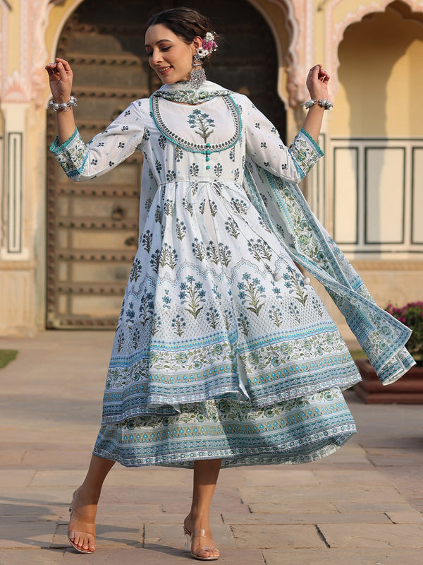 Juniper Sky Blue Ethnic Motif Printed Pure Cotton Layered Dress & Kota Dupatta Set With Thread Work - Distacart
