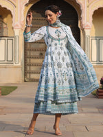 Thumbnail for Juniper Sky Blue Ethnic Motif Printed Pure Cotton Layered Dress & Kota Dupatta Set With Thread Work - Distacart
