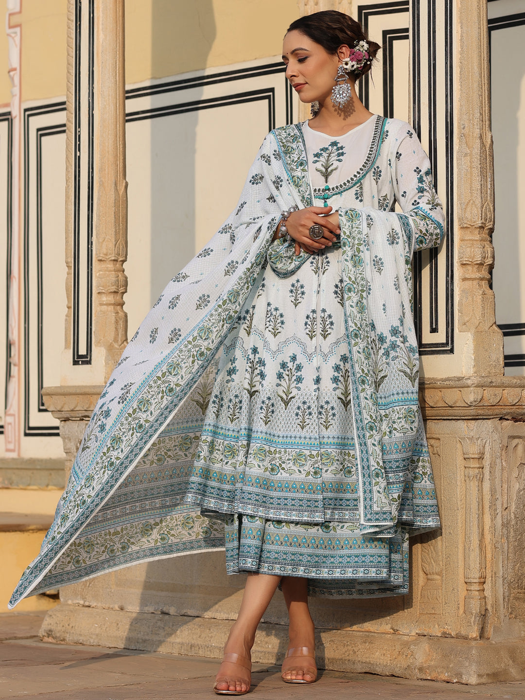 Juniper Sky Blue Ethnic Motif Printed Pure Cotton Layered Dress & Kota Dupatta Set With Thread Work - Distacart