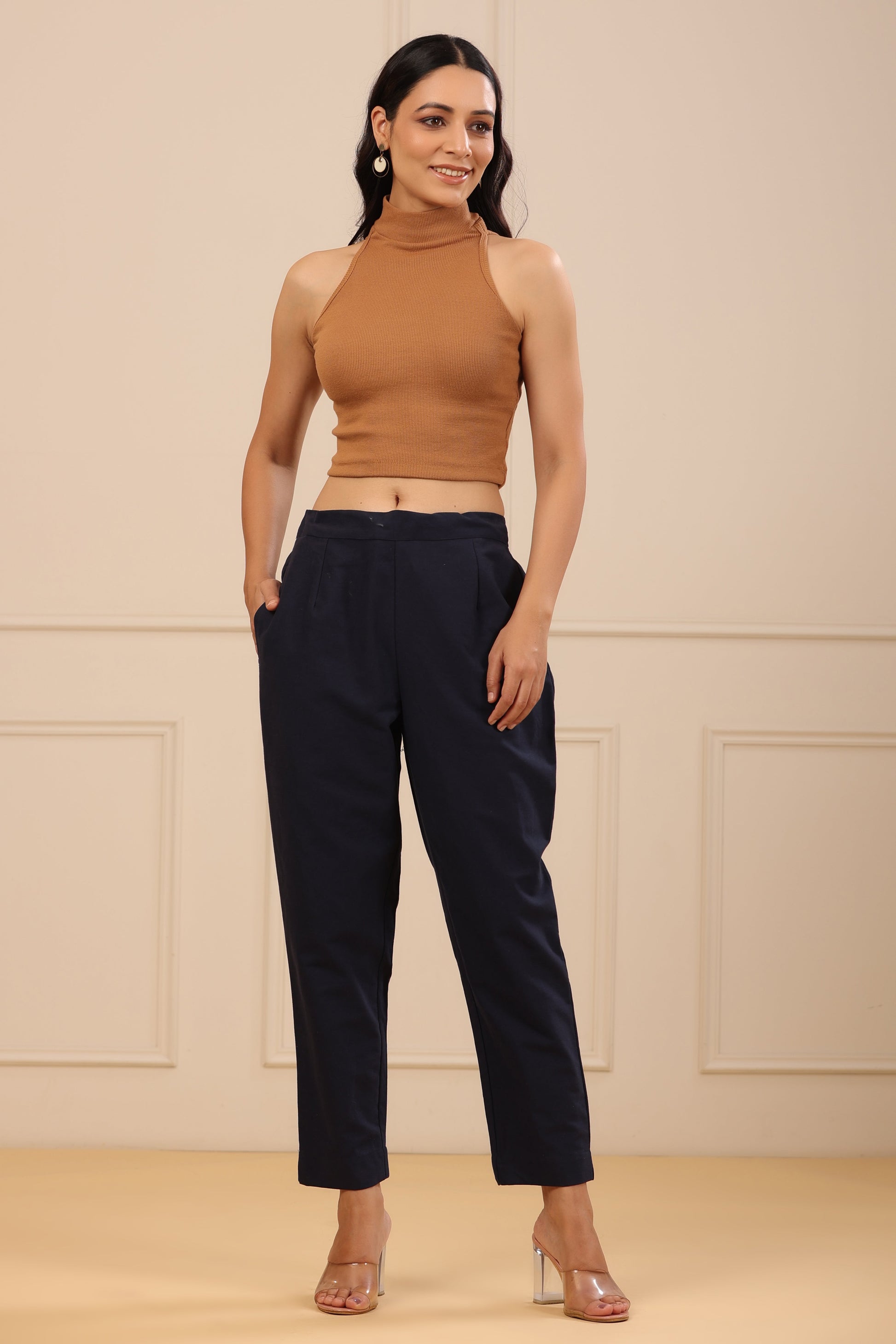 Juniper Navy Blue Cotton Solid Slim Fit Pants With Partially Elasticated Waistband - Distacart