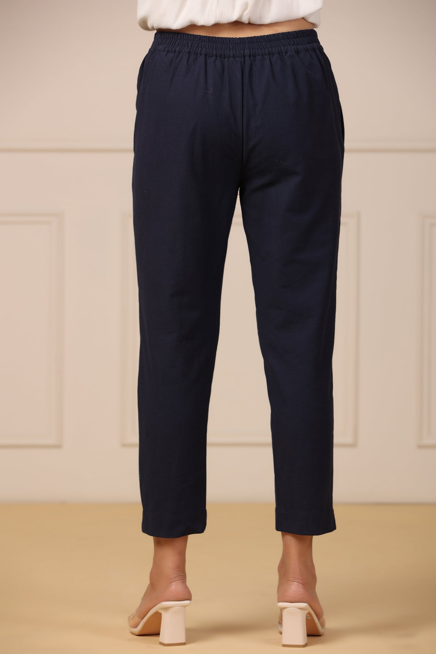Juniper Navy Blue Cotton Solid Slim Fit Pants With Partially Elasticated Waistband - Distacart