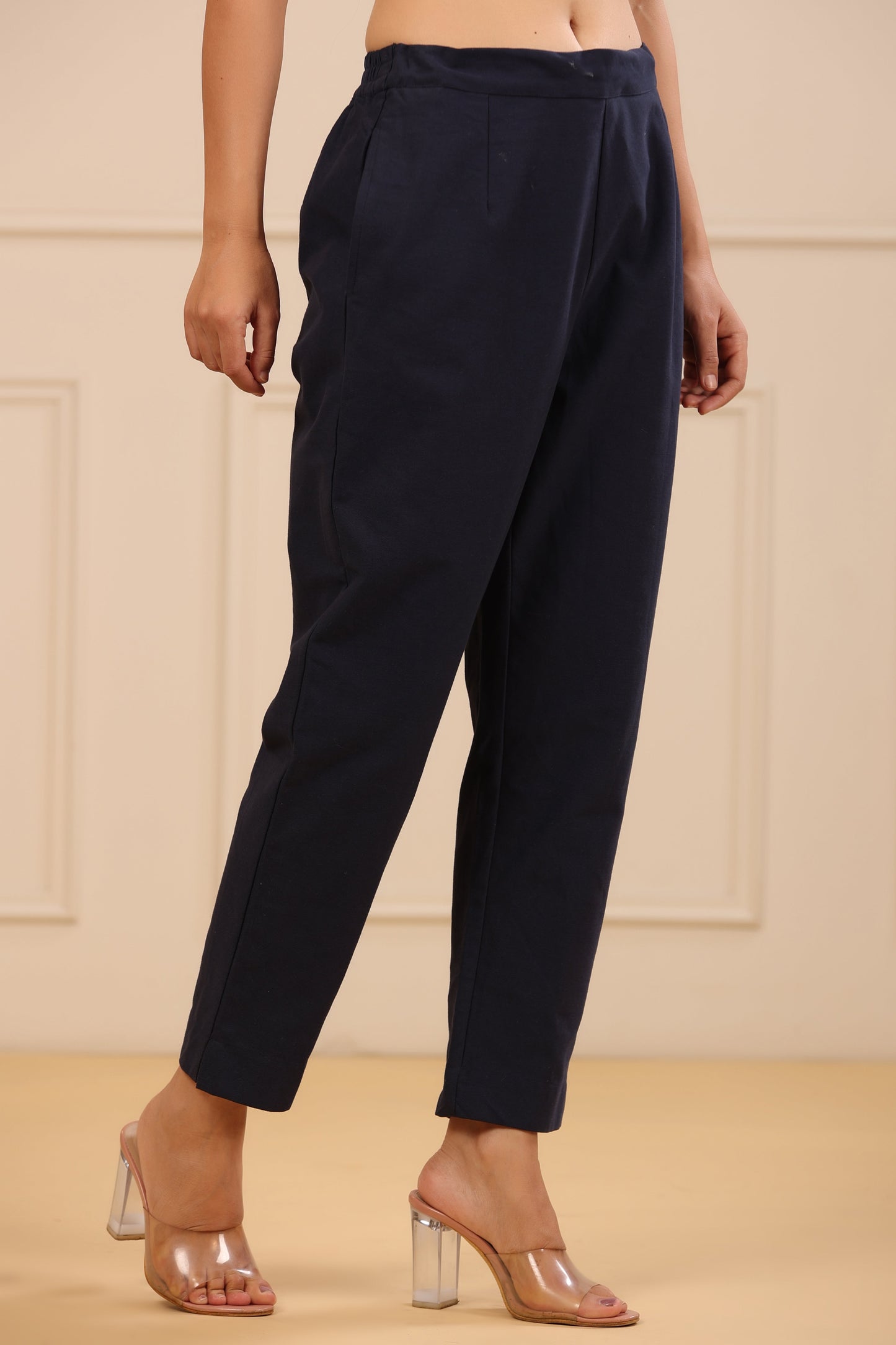 Juniper Navy Blue Cotton Solid Slim Fit Pants With Partially Elasticated Waistband - Distacart