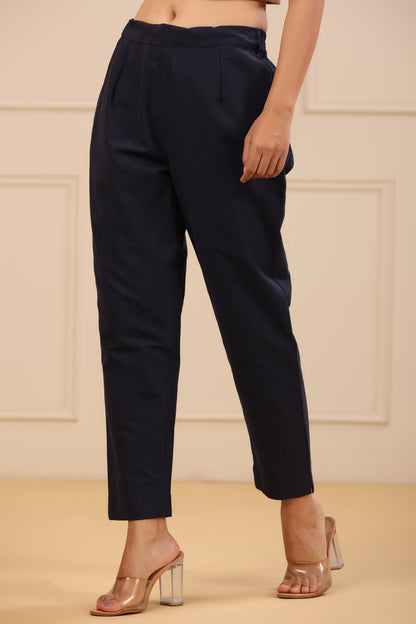 Juniper Navy Blue Cotton Solid Slim Fit Pants With Partially Elasticated Waistband - Distacart