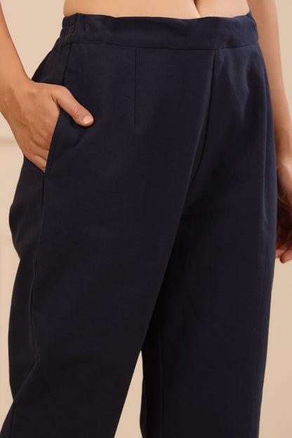 Juniper Navy Blue Cotton Solid Slim Fit Pants With Partially Elasticated Waistband - Distacart