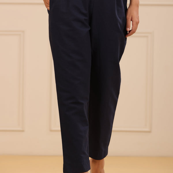 Juniper Navy Blue Cotton Solid Slim Fit Pants With Partially Elasticated Waistband - Distacart