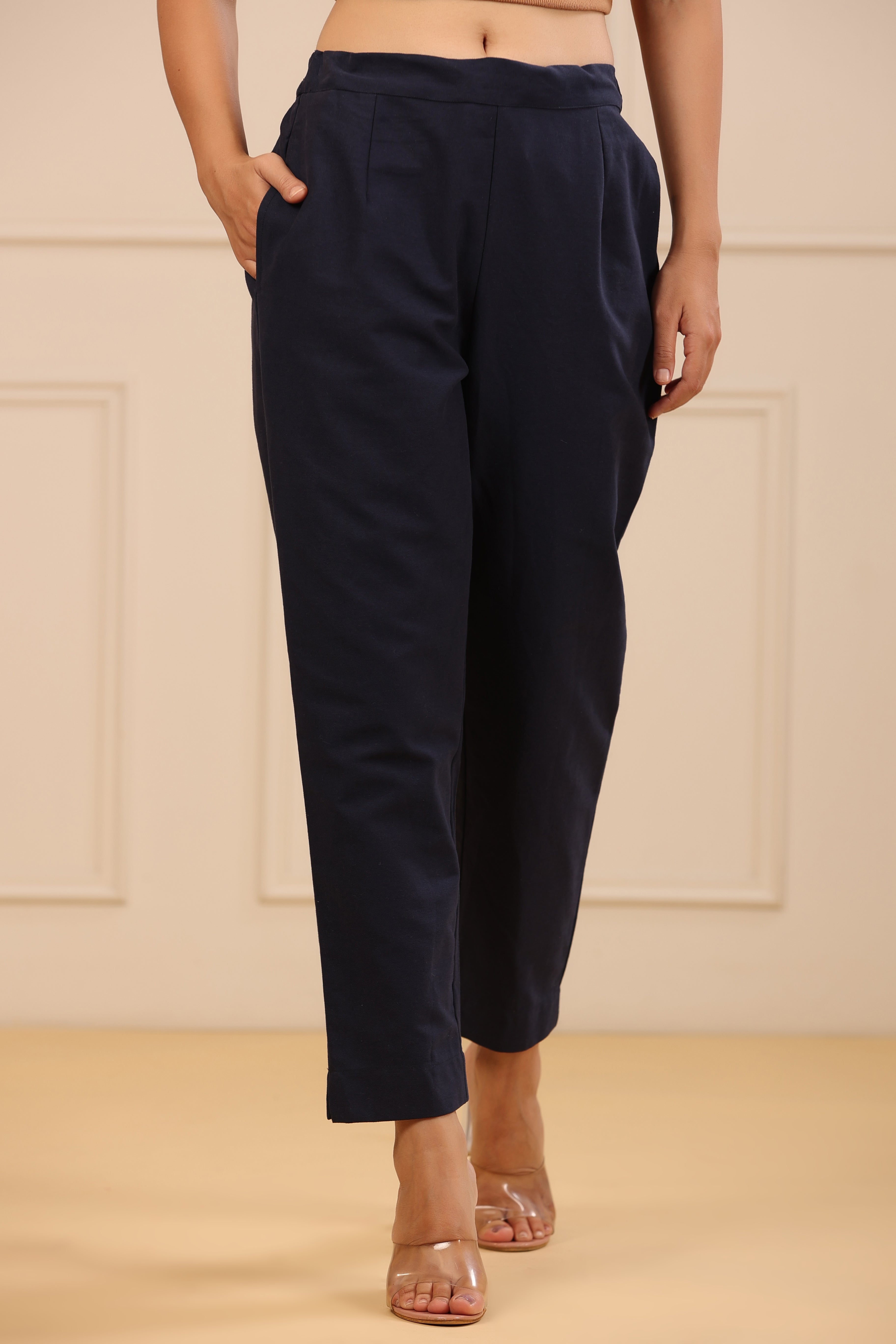 Juniper Navy Blue Cotton Solid Slim Fit Pants With Partially Elasticated Waistband - Distacart