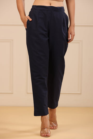 Juniper Navy Blue Cotton Solid Slim Fit Pants With Partially Elasticated Waistband - Distacart