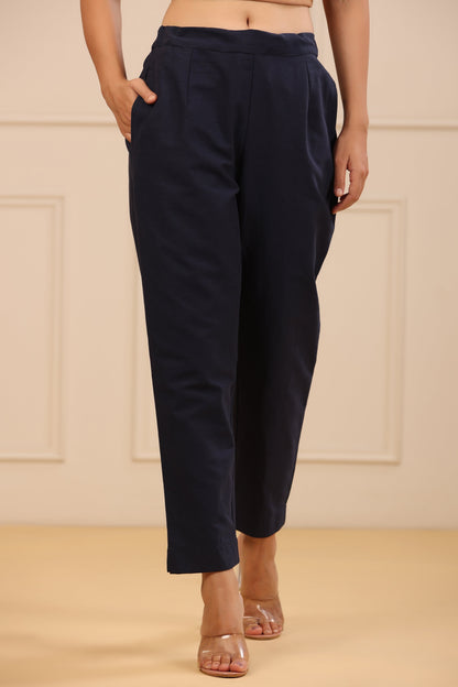 Juniper Navy Blue Cotton Solid Slim Fit Pants With Partially Elasticated Waistband - Distacart
