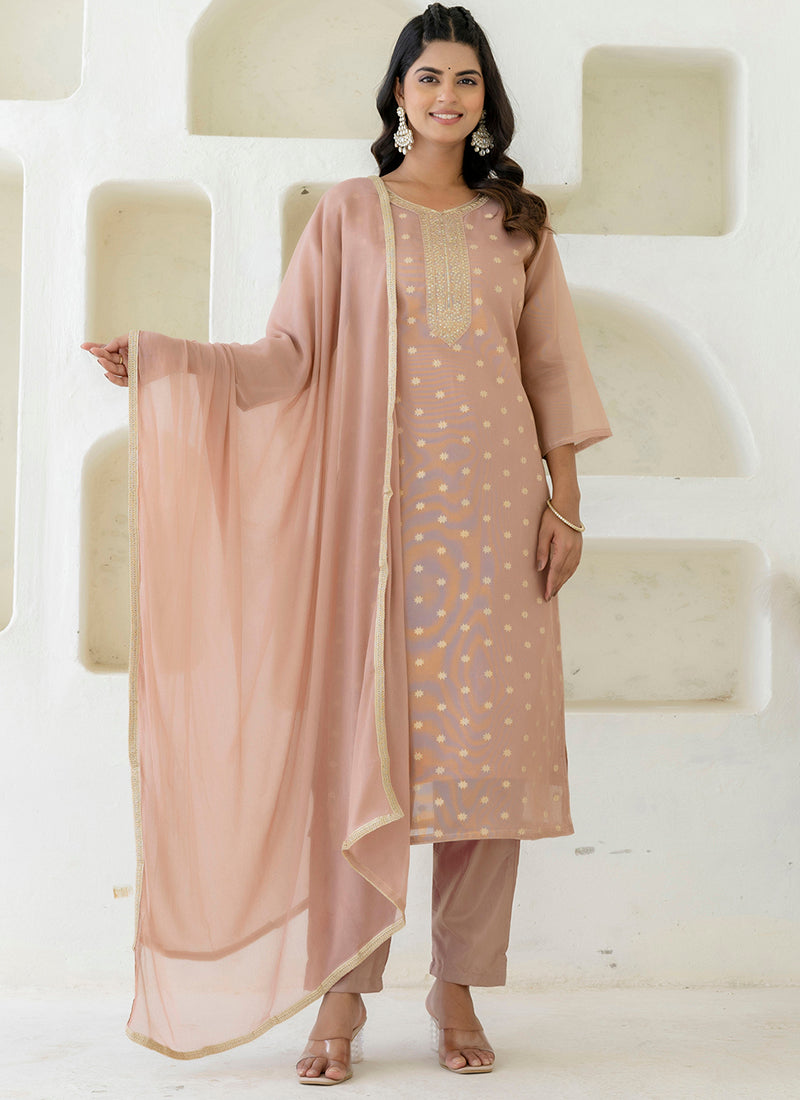 Vellora Chanderi Silk Peach Casual Wear Embroidery Work Readymade Salwar Suit