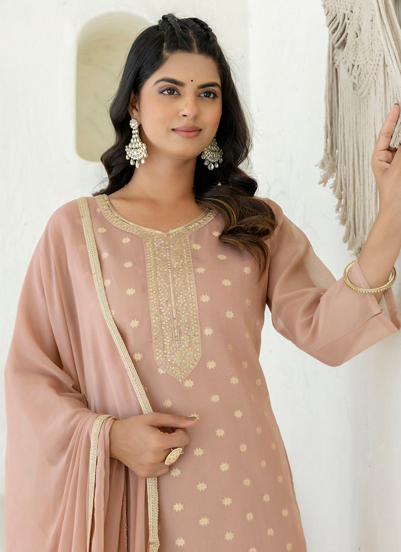Vellora Chanderi Silk Peach Casual Wear Embroidery Work Readymade Salwar Suit